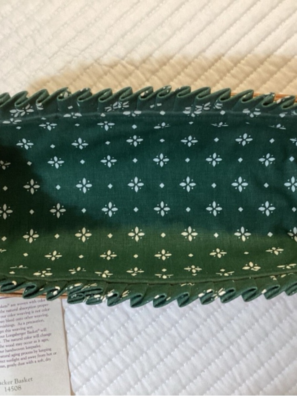 NWT LONGABERGER Green and Brown Bread Basket with Patterned Liner and Handles - Picture 10 of 10